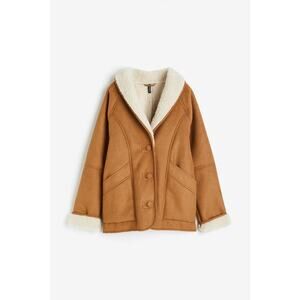 NEW H&M XS Loose-Fit Teddy Lined Jacket Cream Brown Faux Suede Shearling Coat